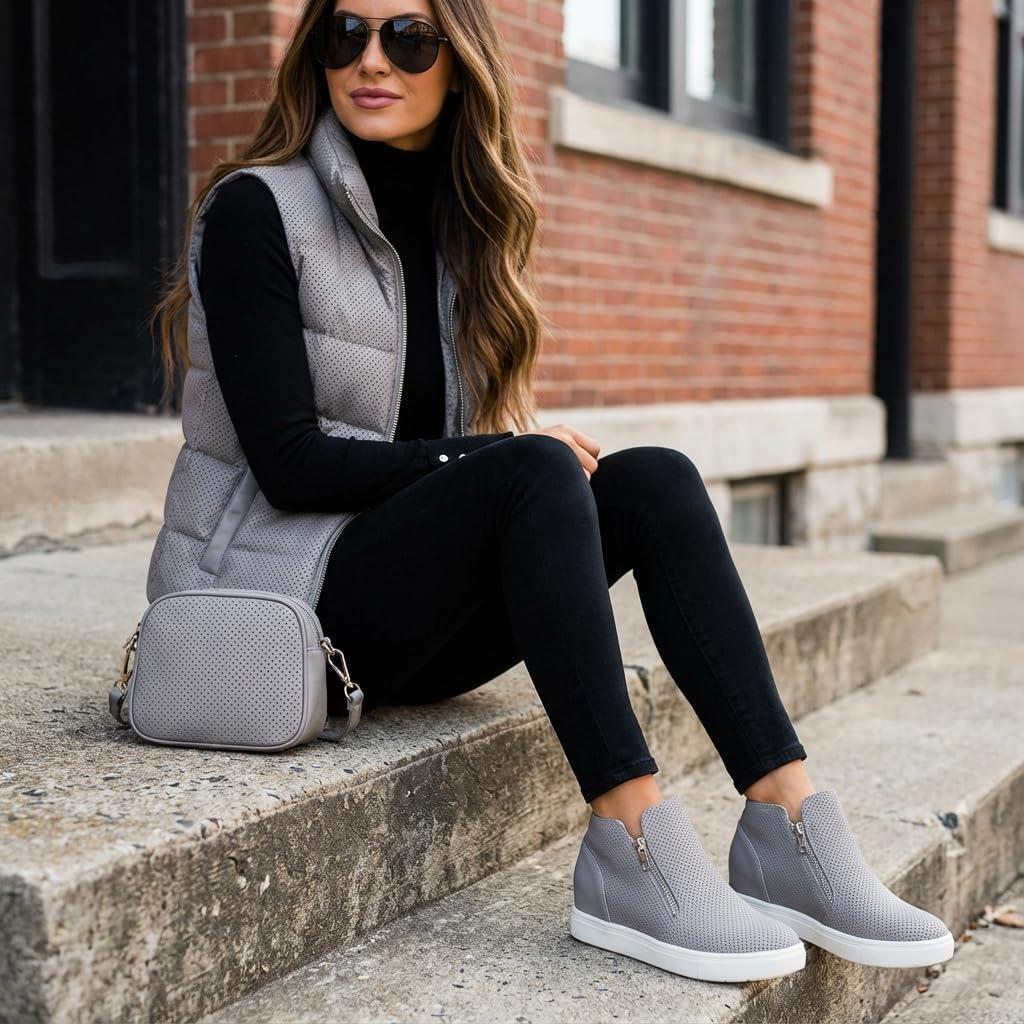 image:imageCUSHIONAIRE Hart Womens Casual Shoes with Dual Zippers Lightweight Hidden Wedge Fashion Sneakers for WomenGrey Pu