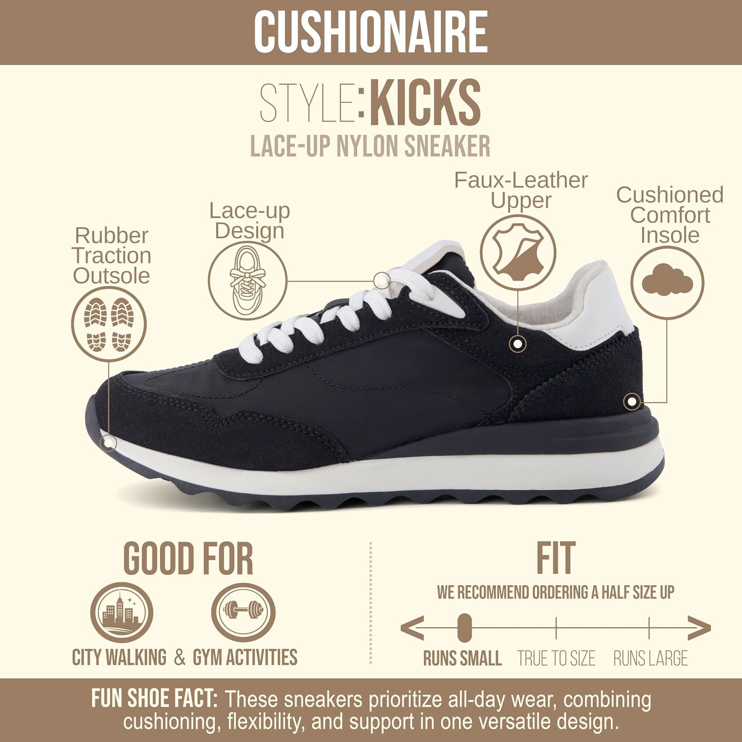 image:imageCUSHIONAIRE Kicks Fashion Sneakers for Women Lightweight NonSlip Lace Up Shoes with Memory FoamBlack