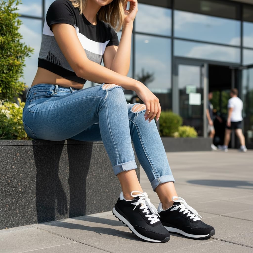 image:imageCUSHIONAIRE Kicks Fashion Sneakers for Women Lightweight NonSlip Lace Up Shoes with Memory FoamBlack