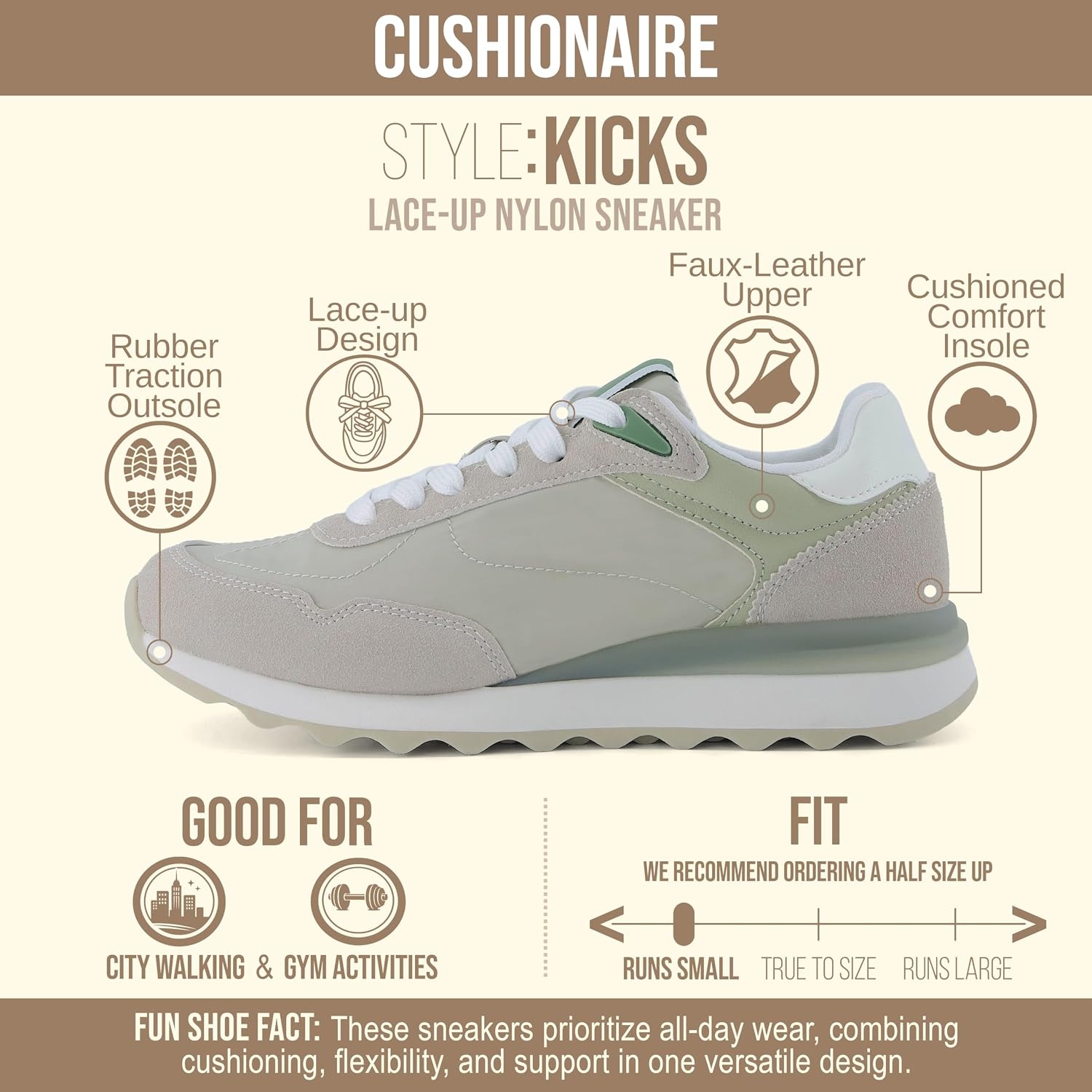 image:imageCUSHIONAIRE Kicks Fashion Sneakers for Women Lightweight NonSlip Lace Up Shoes with Memory FoamKhaki