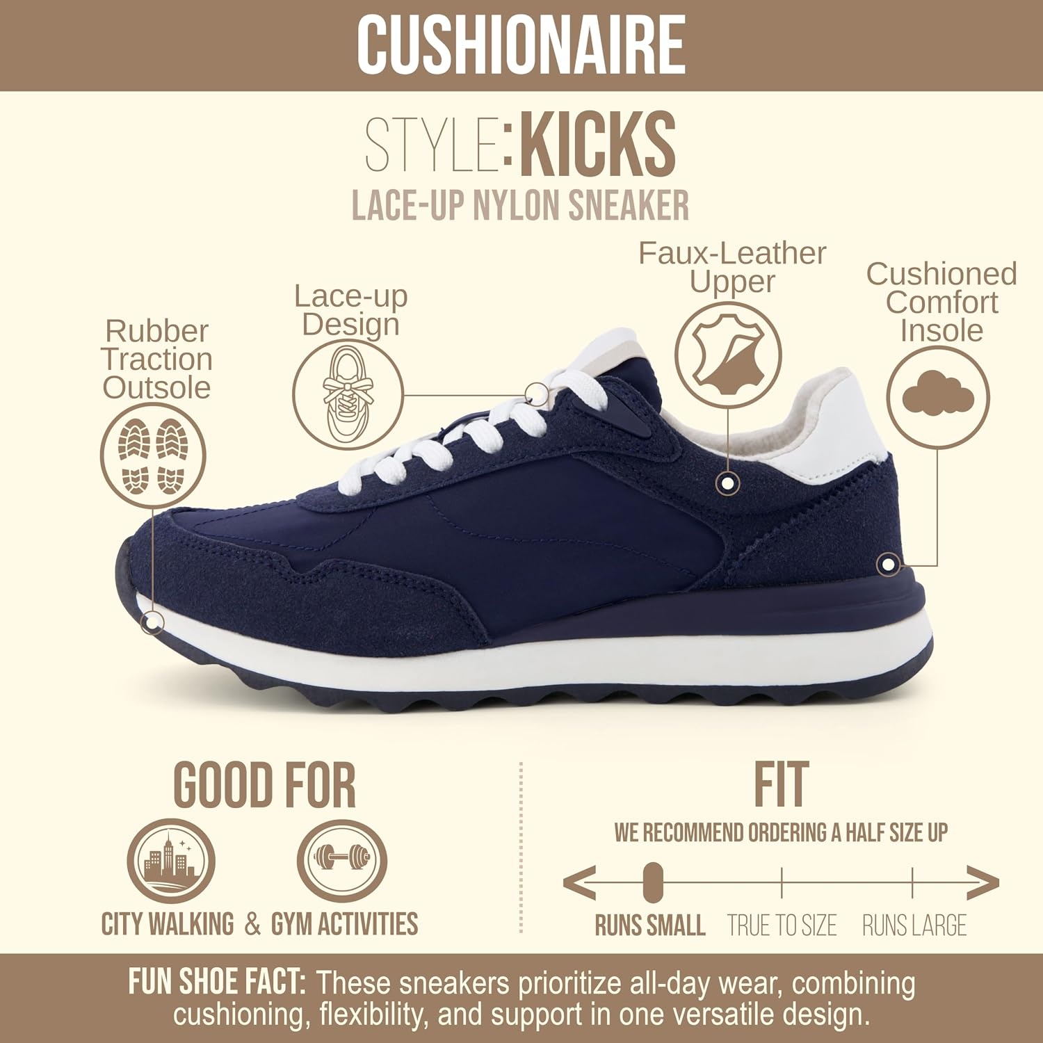 image:imageCUSHIONAIRE Kicks Fashion Sneakers for Women Lightweight NonSlip Lace Up Shoes with Memory FoamNavy