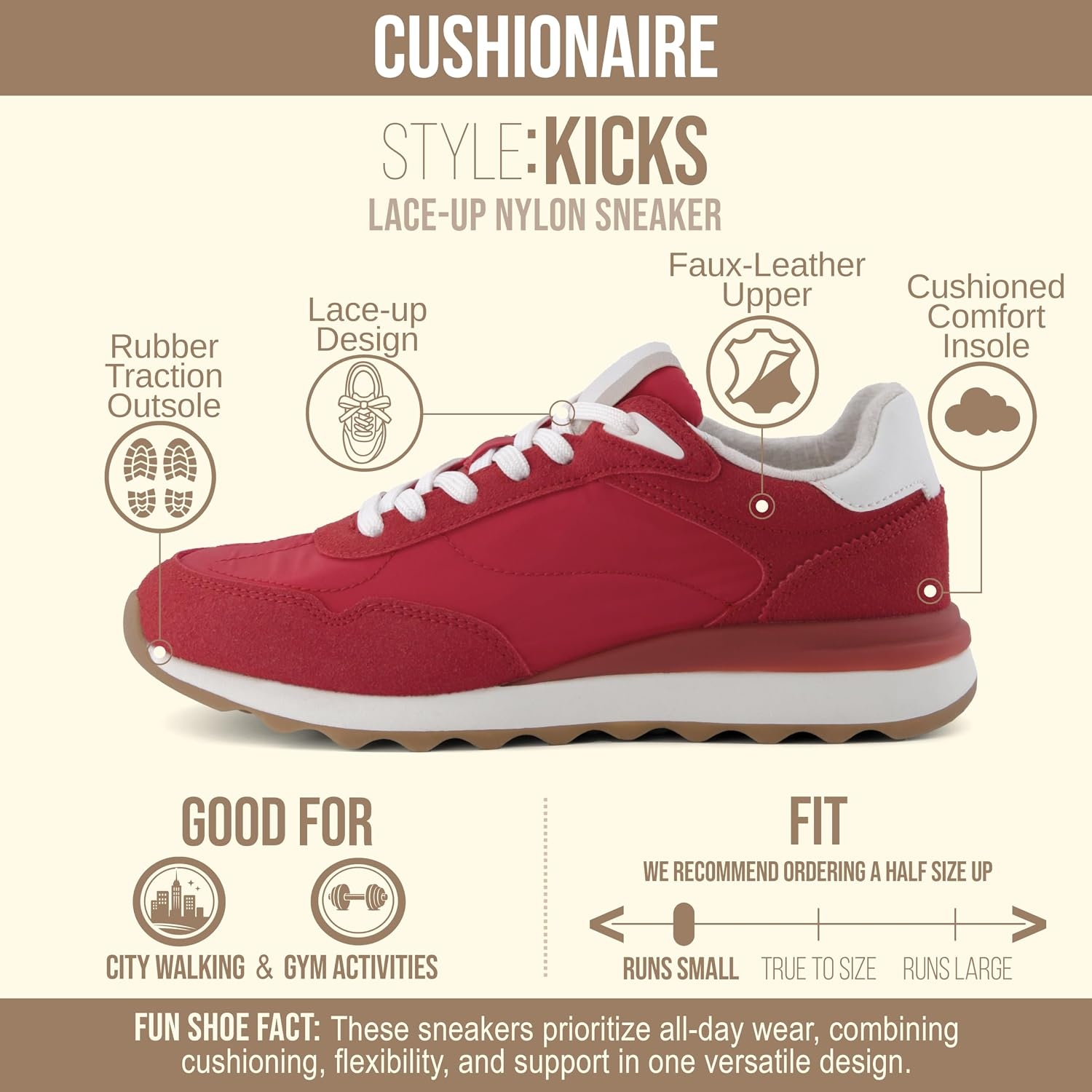 image:imageCUSHIONAIRE Kicks Fashion Sneakers for Women Lightweight NonSlip Lace Up Shoes with Memory FoamRed