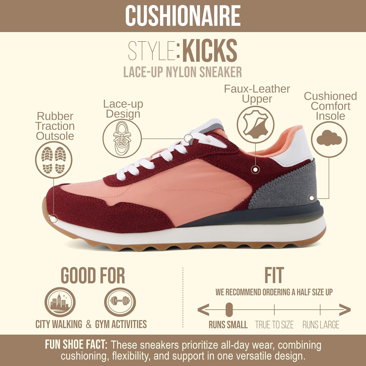 image:imageCUSHIONAIRE Kicks Fashion Sneakers for Women Lightweight NonSlip Lace Up Shoes with Memory FoamSalmonBurgundy