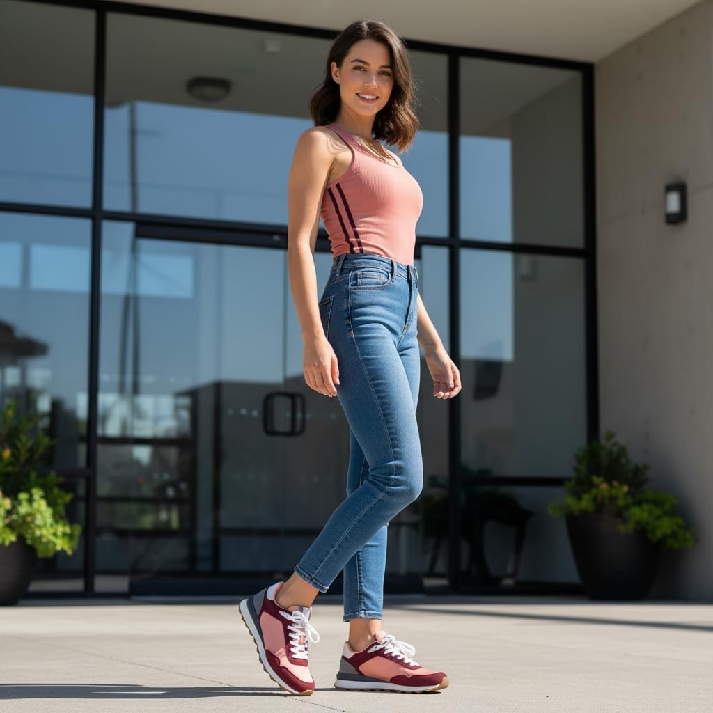 image:imageCUSHIONAIRE Kicks Fashion Sneakers for Women Lightweight NonSlip Lace Up Shoes with Memory FoamSalmonBurgundy