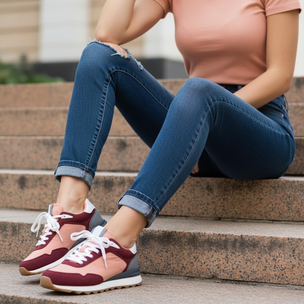 image:imageCUSHIONAIRE Kicks Fashion Sneakers for Women Lightweight NonSlip Lace Up Shoes with Memory FoamSalmonBurgundy