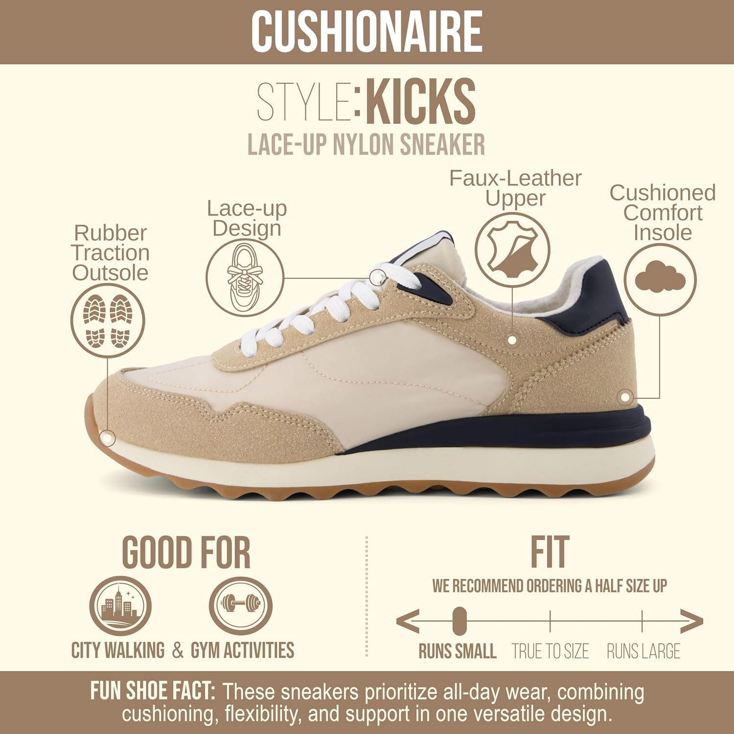 image:imageCUSHIONAIRE Kicks Fashion Sneakers for Women Lightweight NonSlip Lace Up Shoes with Memory FoamTanBlack
