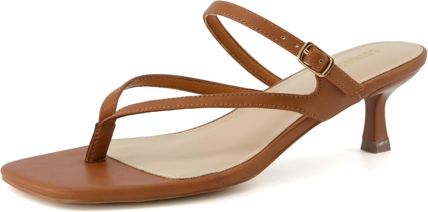 image:imageCUSHIONAIRE Madrid Kitten Heel Square Toe Womens Sandals Comfortable Dressy Strappy Heels Sandals for Women Wide Widths AvailableWhiskey
