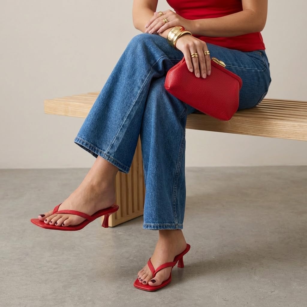 image:imageCUSHIONAIRE Miami Kitten Heels for Women Thong Flip Flop Heeled Sandals with Memory Foam Slip On Dressy SandalRuby