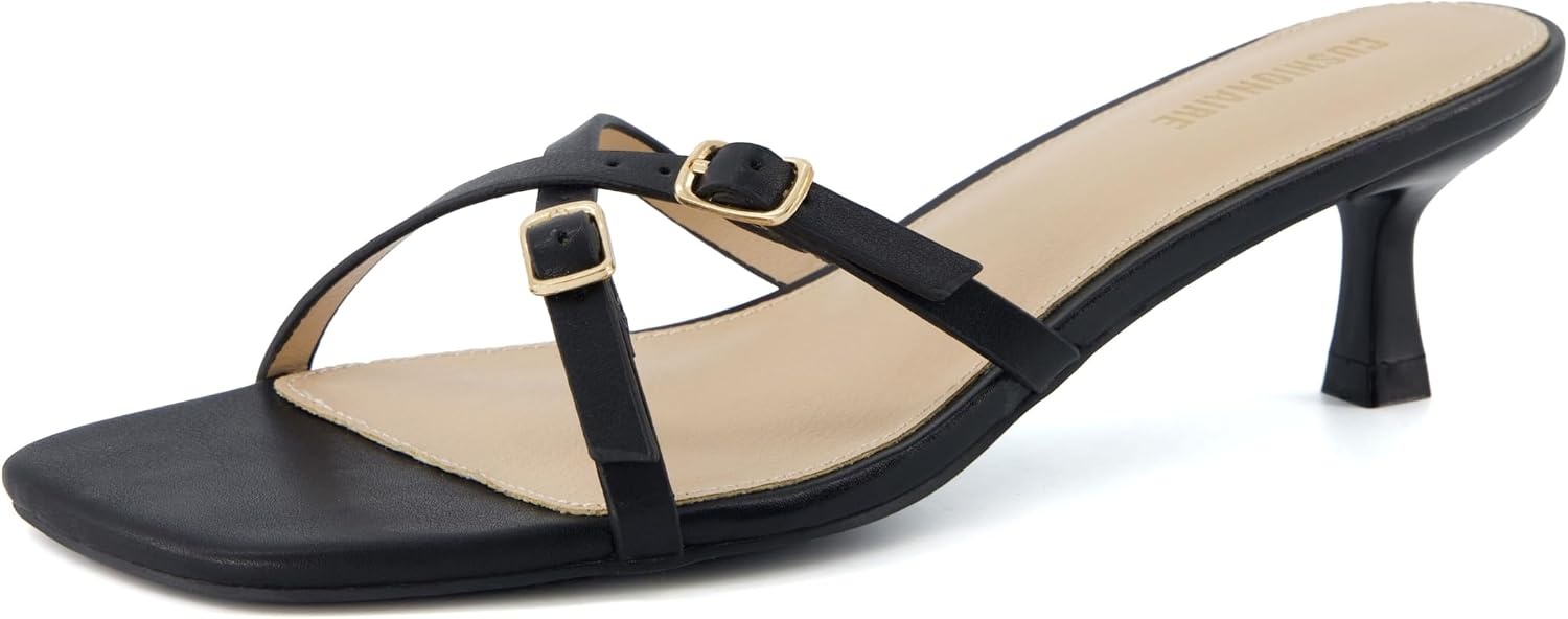 image:imageCUSHIONAIRE Milan Kitten Heels for Women Strappy Heeled Sandals with Cushioned Footbed Open Toe Slip On Dressy Sandal Wide Widths AvailableBlack