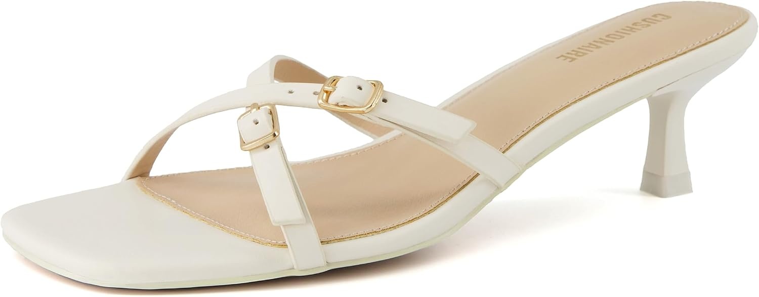 image:imageCUSHIONAIRE Milan Kitten Heels for Women Strappy Heeled Sandals with Cushioned Footbed Open Toe Slip On Dressy Sandal Wide Widths AvailableCream