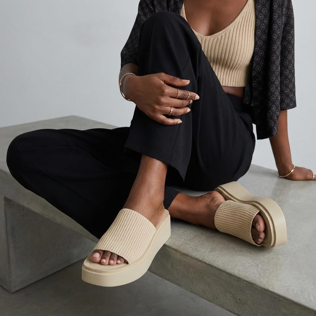 image:imageCUSHIONAIRE Pim Wedge Chunky Platform Womens Sandals with Firm Knit Upper amp Memory Foam Summer Sandals for WomenTaupe Weave