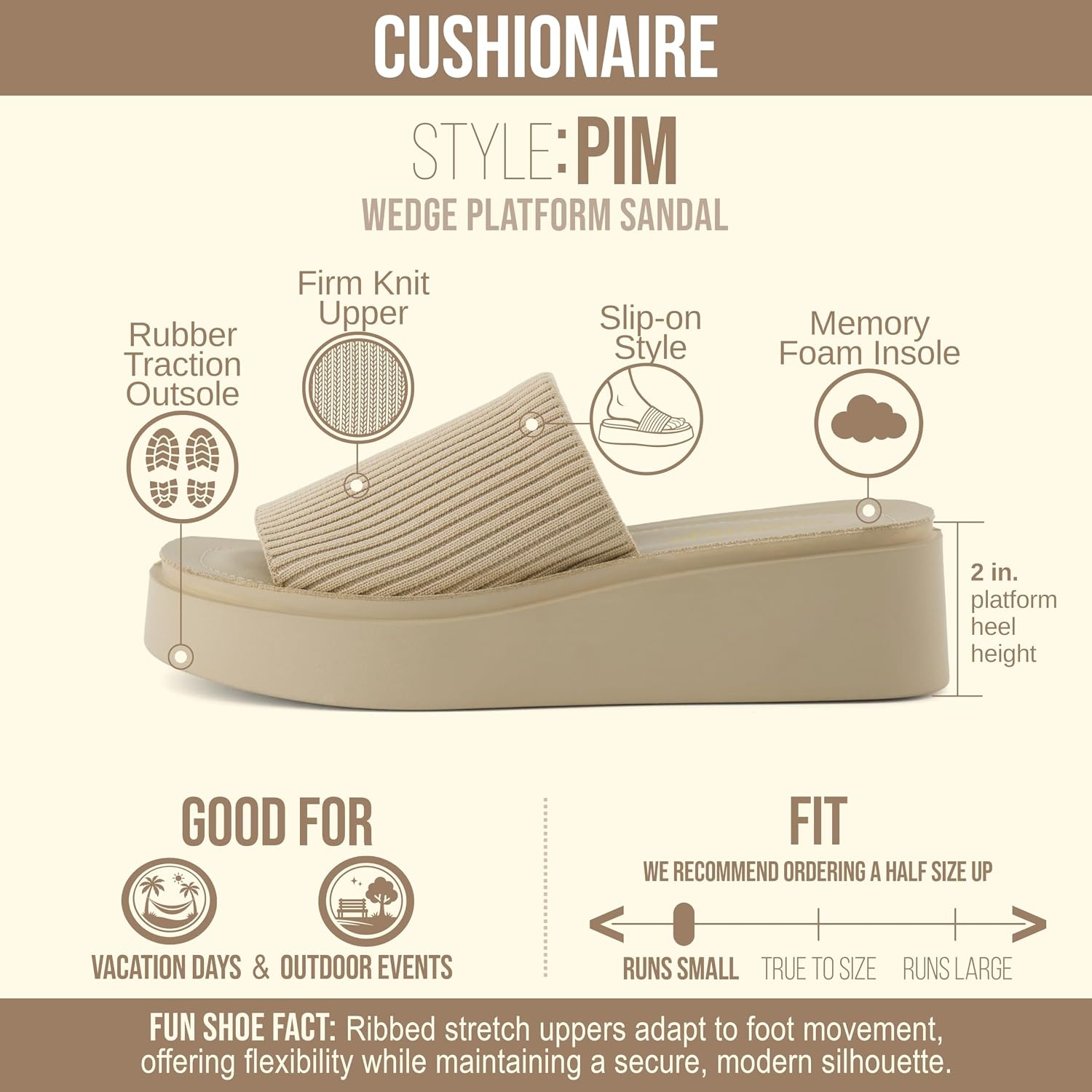 image:imageCUSHIONAIRE Pim Wedge Chunky Platform Womens Sandals with Firm Knit Upper amp Memory Foam Summer Sandals for WomenTaupe Weave
