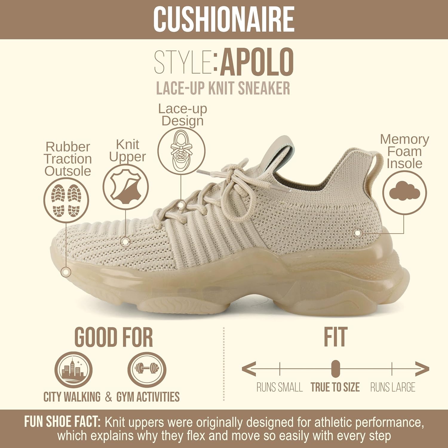 image:imageCUSHIONAIRE Womens Apolo Knit Sneaker Memory FoamTaupeClear Bottom
