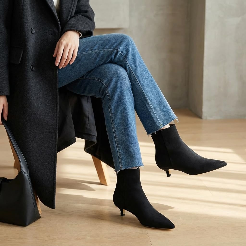 image:imageCUSHIONAIRE Womens Barbi Pointed Toe Kitten Heel Bootie Soft Vegan Leather Memory Foam Wide Widths and Back ZipperBlack Microsuede