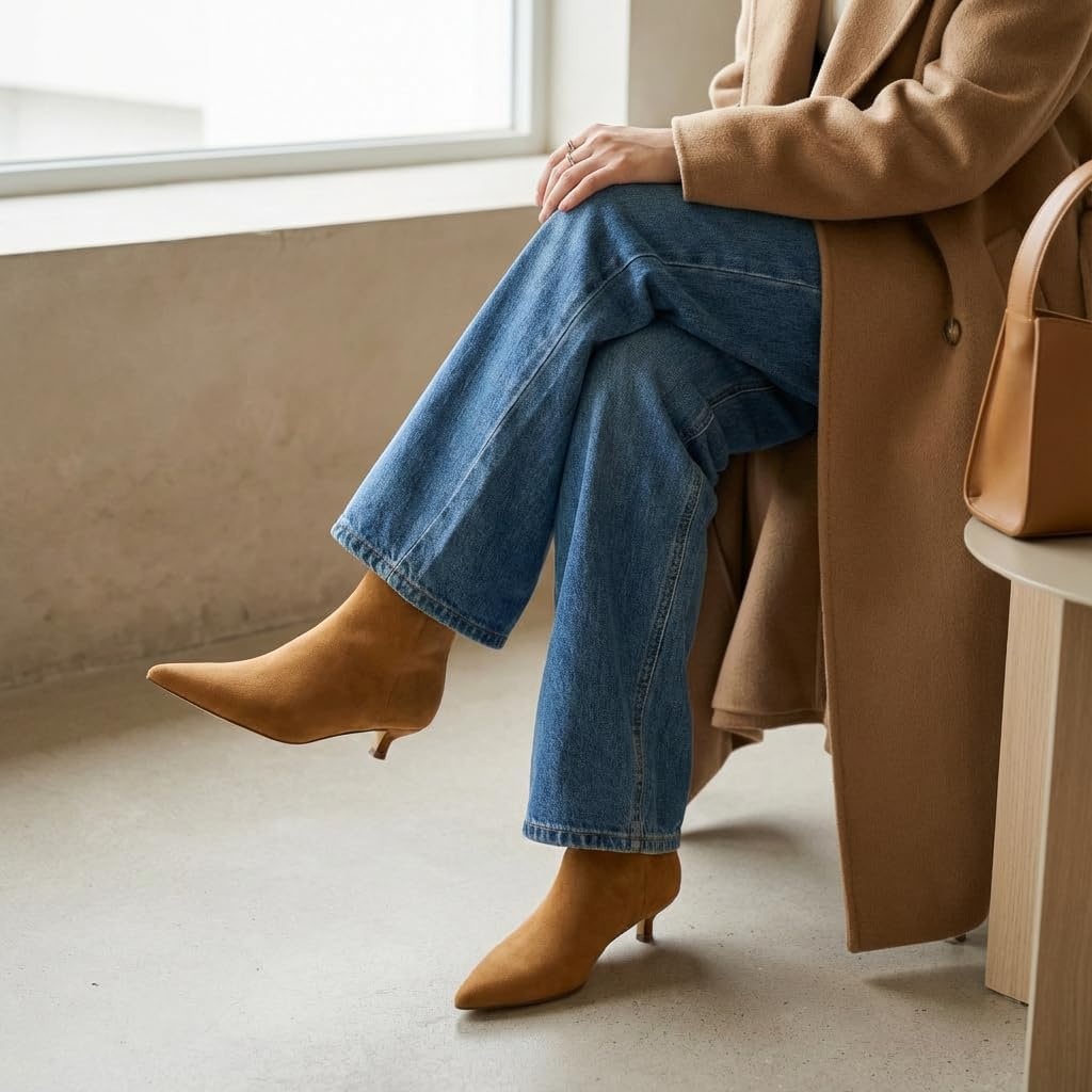 image:imageCUSHIONAIRE Womens Barbi Pointed Toe Kitten Heel Bootie Soft Vegan Leather Memory Foam Wide Widths and Back ZipperChestnut Microsuede