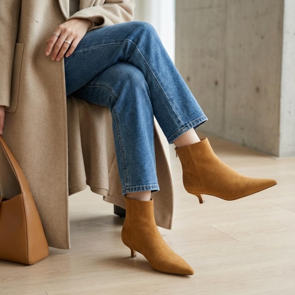 image:imageCUSHIONAIRE Womens Barbi Pointed Toe Kitten Heel Bootie Soft Vegan Leather Memory Foam Wide Widths and Back ZipperChestnut Microsuede