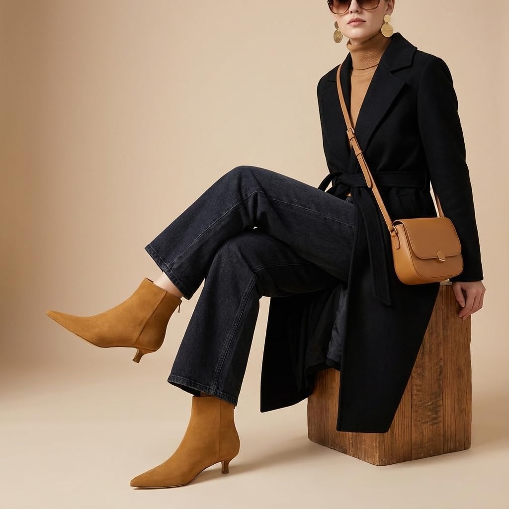 image:imageCUSHIONAIRE Womens Barbi Pointed Toe Kitten Heel Bootie Soft Vegan Leather Memory Foam Wide Widths and Back ZipperChestnut Microsuede