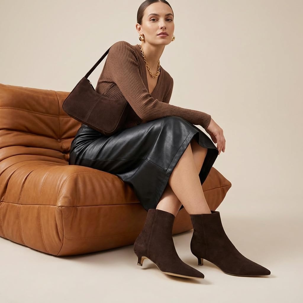 image:imageCUSHIONAIRE Womens Barbi Pointed Toe Kitten Heel Bootie Soft Vegan Leather Memory Foam Wide Widths and Back ZipperChocolate Microsuede