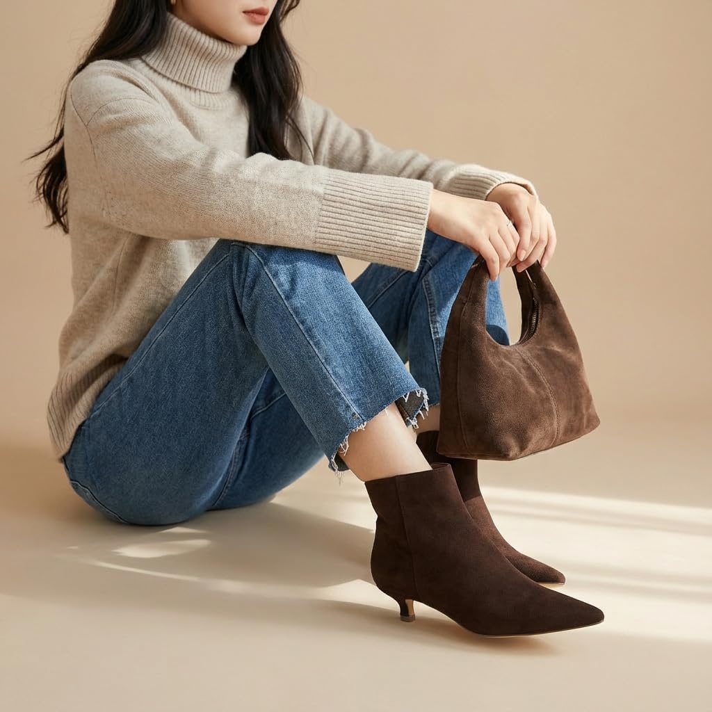 image:imageCUSHIONAIRE Womens Barbi Pointed Toe Kitten Heel Bootie Soft Vegan Leather Memory Foam Wide Widths and Back ZipperChocolate Microsuede