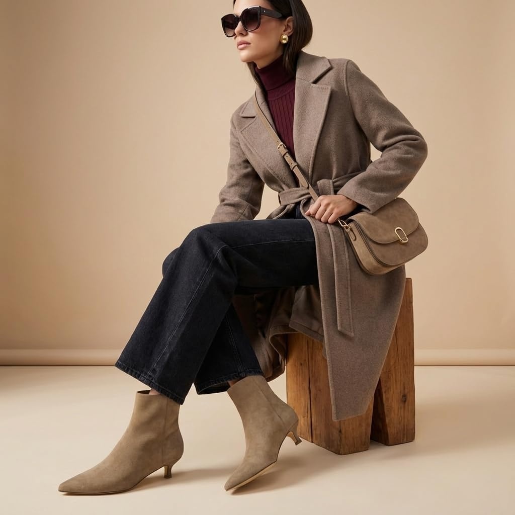 image:imageCUSHIONAIRE Womens Barbi Pointed Toe Kitten Heel Bootie Soft Vegan Leather Memory Foam Wide Widths and Back ZipperTaupe Microsuede