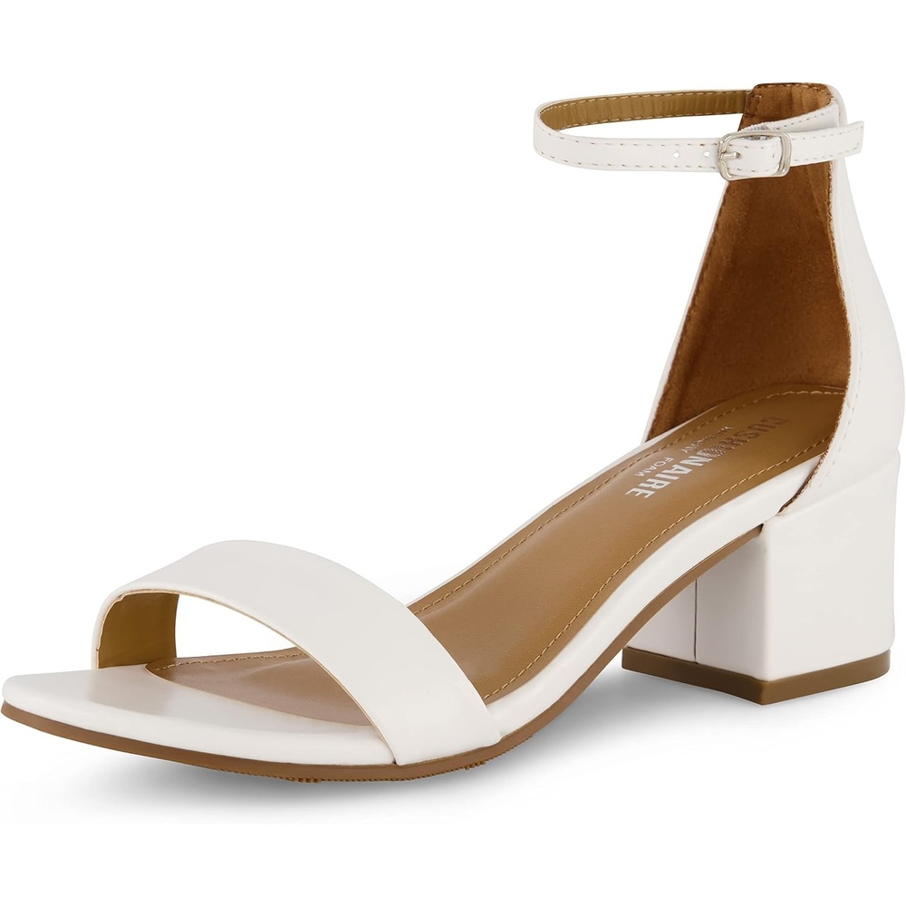 image:imageCUSHIONAIRE Alba Mid Block Heel Dress Shoes for Women  Open Toe Ankle Strap Heeled Womens Sandals with Memory Foam ComfortWhite