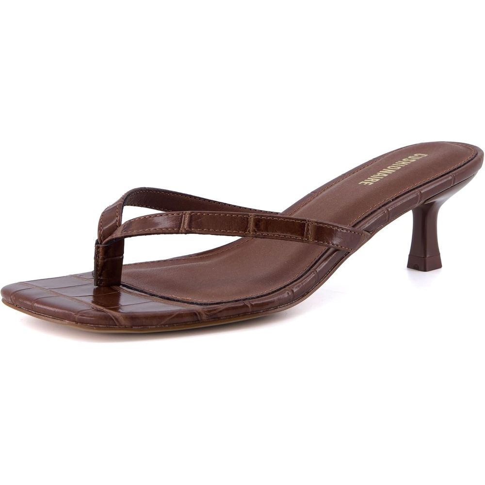 image:imageCUSHIONAIRE Miami Kitten Heels for Women Thong Flip Flop Heeled Sandals with Memory Foam Slip On Dressy SandalCroco Brown