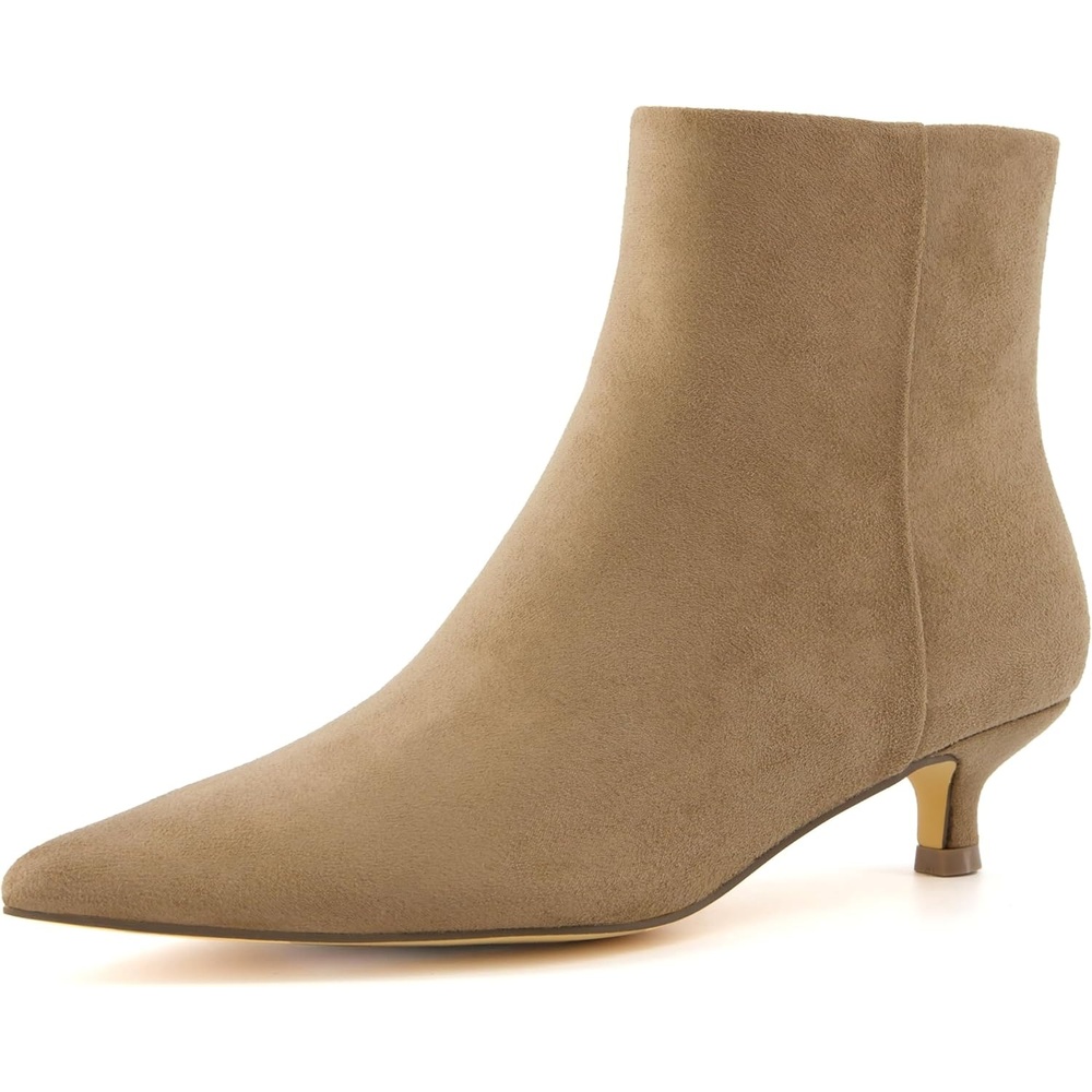 image:imageCUSHIONAIRE Womens Barbi Pointed Toe Kitten Heel Bootie Soft Vegan Leather Memory Foam Wide Widths and Back ZipperTaupe Microsuede
