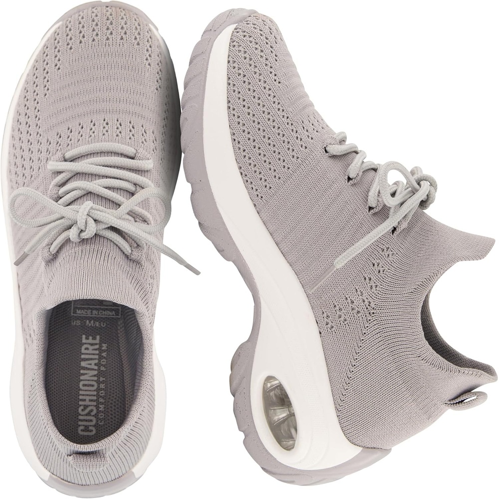 image:imageCUSHIONAIRE Womens Blaze Stretch Knit Slip on lace Sneaker Memory Foam amp LiteSole TechnologyGreyWhite