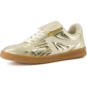 CUSHIONAIRE Women’s Astro Retro Sneaker, Lace-Up Design +Memory Foam, Wide Widths Available(Gold Metallic)