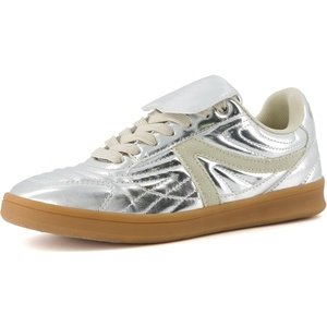 CUSHIONAIRE Women’s Astro Retro Sneaker, Lace-Up Design +Memory Foam, Wide Widths Available(Silver Metallic)