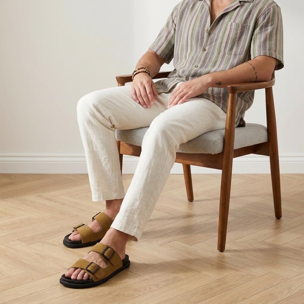 image:imageCUSHIONAIRE Alpha 100 Genuine Leather Mens Sandals Casual Slip On Flat Men Slides with Adjustable BucklesCamel