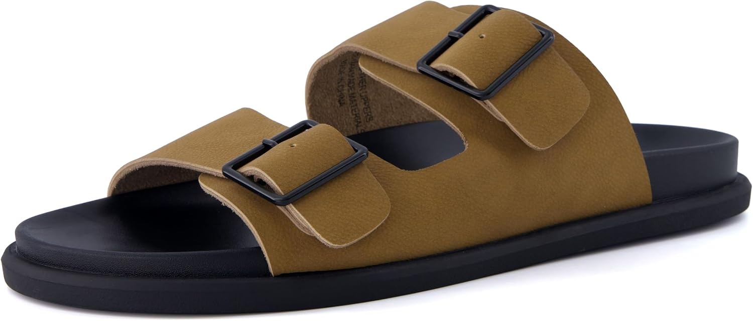 image:imageCUSHIONAIRE Alpha 100 Genuine Leather Mens Sandals Casual Slip On Flat Men Slides with Adjustable BucklesCamel