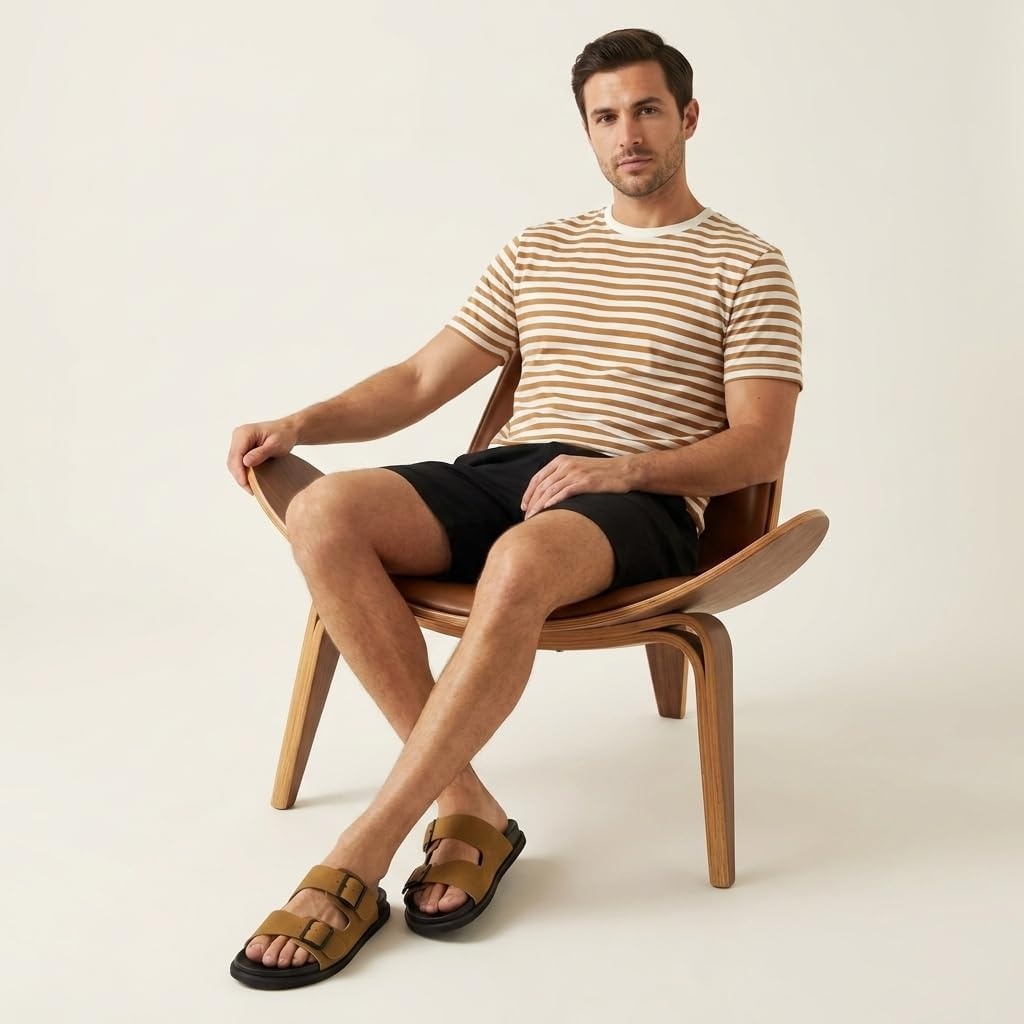 image:imageCUSHIONAIRE Alpha 100 Genuine Leather Mens Sandals Casual Slip On Flat Men Slides with Adjustable BucklesCamel