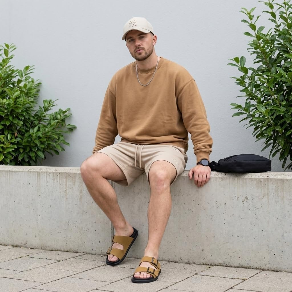 image:imageCUSHIONAIRE Alpha 100 Genuine Leather Mens Sandals Casual Slip On Flat Men Slides with Adjustable BucklesCamel