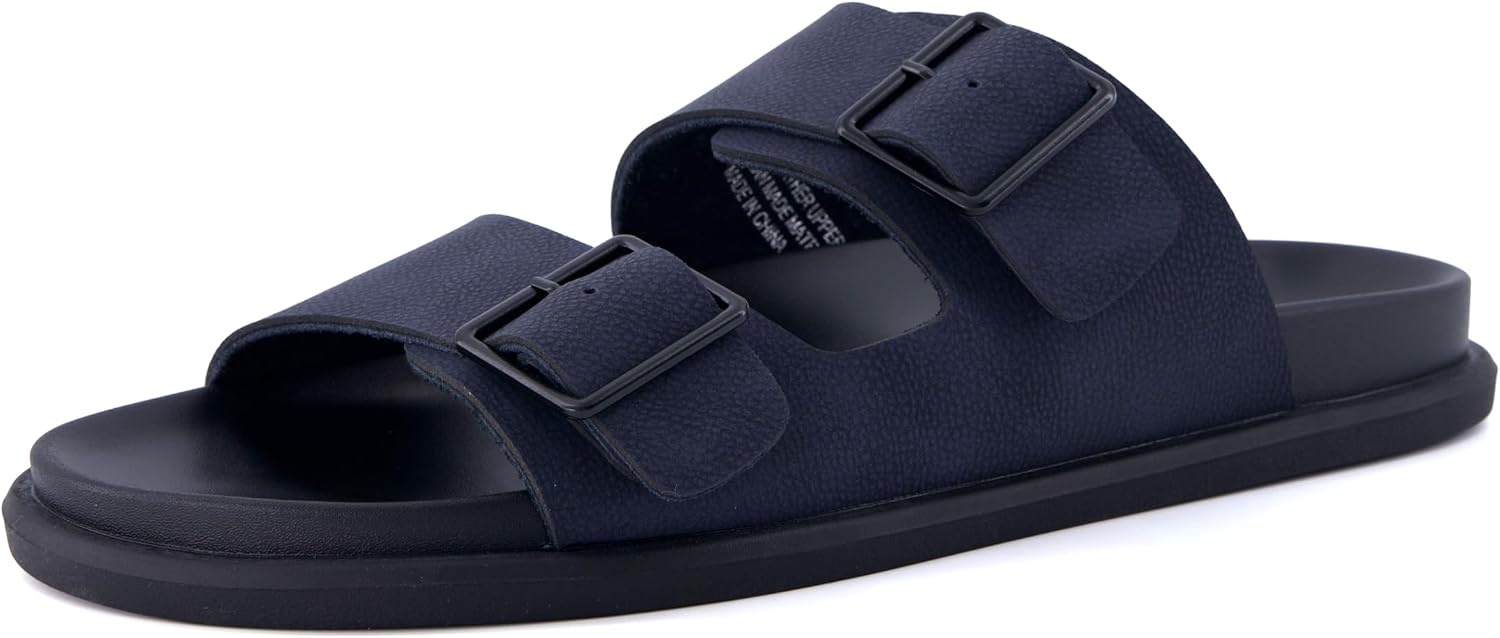 image:imageCUSHIONAIRE Alpha 100 Genuine Leather Mens Sandals Casual Slip On Flat Men Slides with Adjustable BucklesNavy