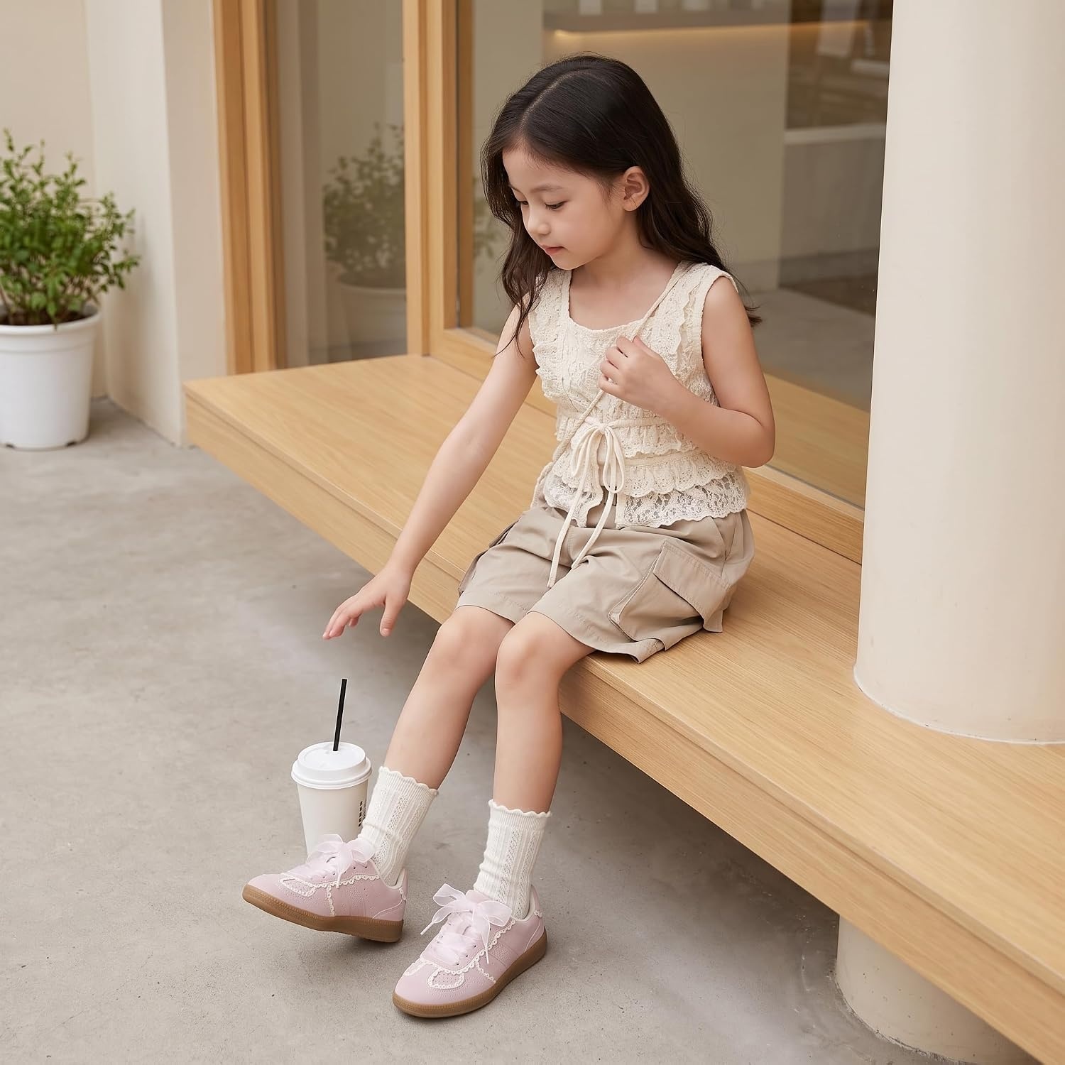 image:imageCUSHIONAIRE Belinda Lace Detail Casual Sneakers for Girls Ribbon LaceUp Girls Shoes with Soft Cushion SupportPink