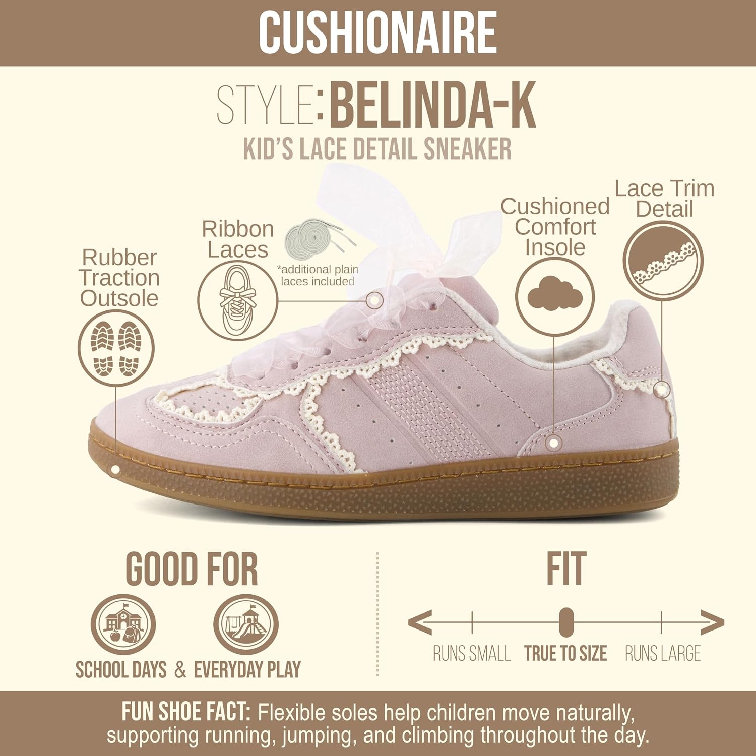 image:imageCUSHIONAIRE Belinda Lace Detail Casual Sneakers for Girls Ribbon LaceUp Girls Shoes with Soft Cushion SupportPink