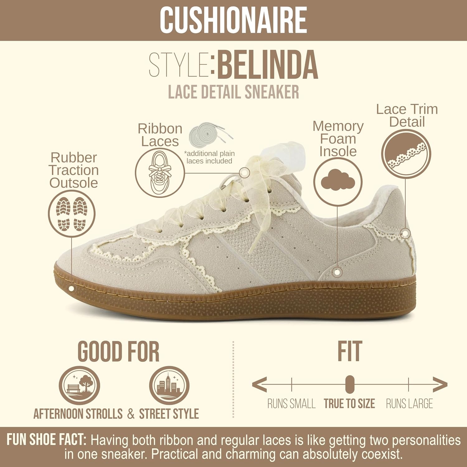 image:imageCUSHIONAIRE Belinda Womens Lace Detail Casual Sneakers Elegant Ribbon LaceUp Shoes with Memory FoamIvory Vegan Suede