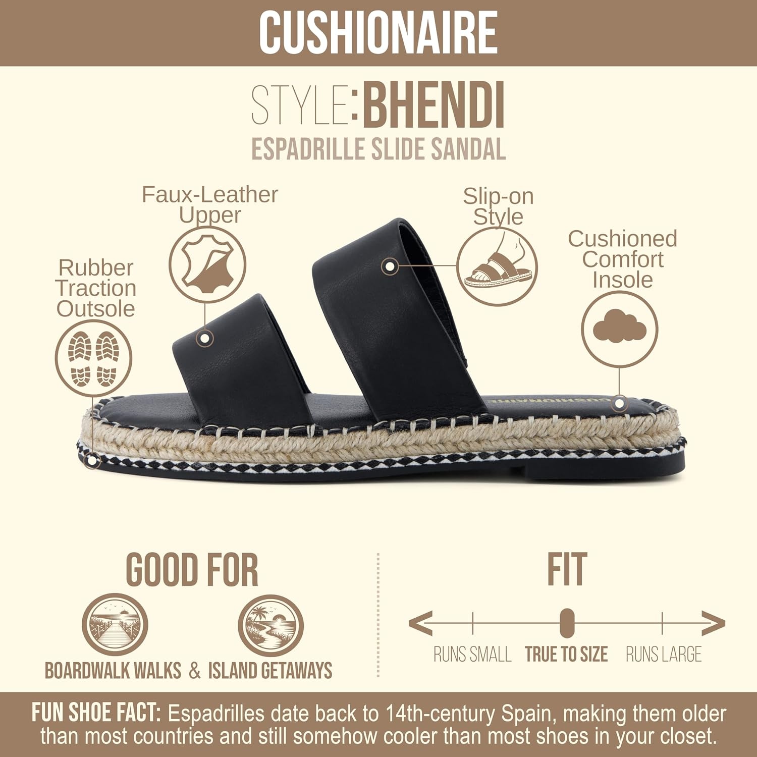 image:imageCUSHIONAIRE Bhendi Espadrilles Slide Sandals for Women with Cushion FootbedBlack