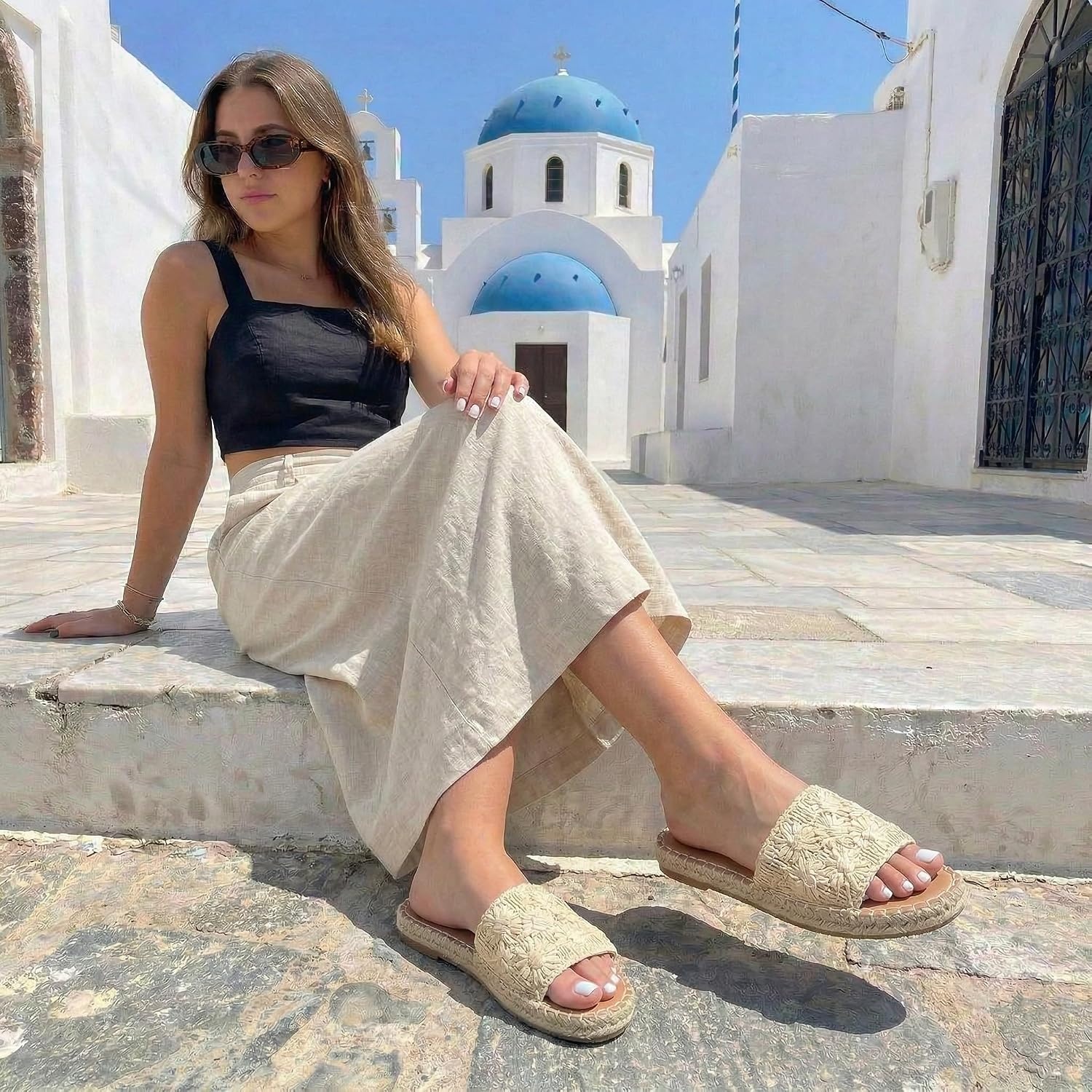image:imageCUSHIONAIRE Bolero Sandals for Women Woven Raffia Slide with Jute Sole Floral Straw Detail and Memory FoamNatural