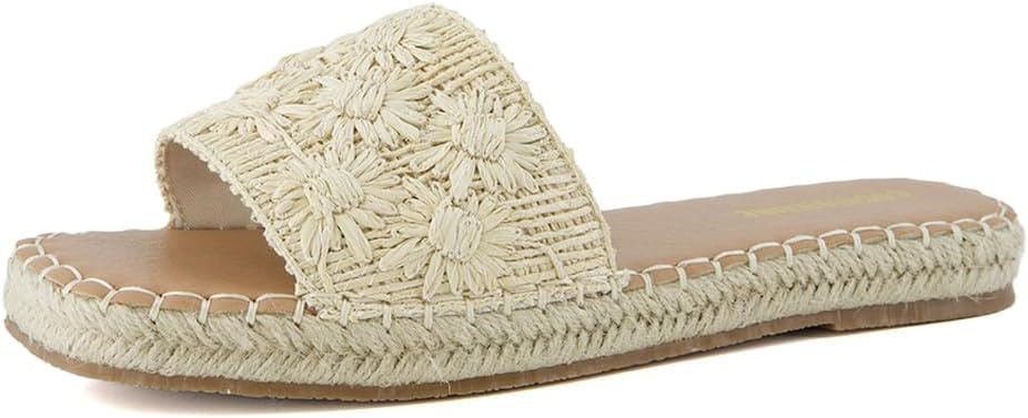 image:imageCUSHIONAIRE Bolero Sandals for Women Woven Raffia Slide with Jute Sole Floral Straw Detail and Memory FoamNatural