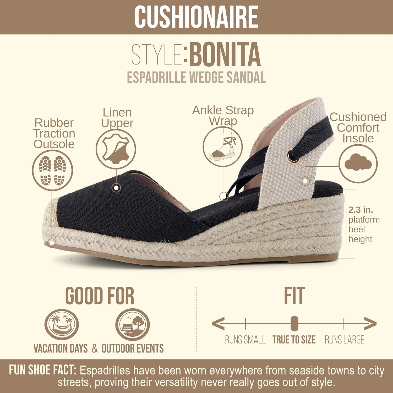 image:imageCUSHIONAIRE Bonita Platform Espadrille Wedge Sandals for Women Closed Toe Lace Up Ankle Wrap Dressy Everyday Womens HeelsBlack