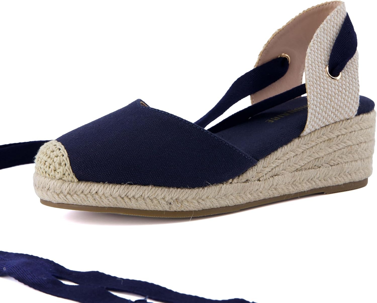 image:imageCUSHIONAIRE Bonita Platform Espadrille Wedge Sandals for Women Closed Toe Lace Up Ankle Wrap Dressy Everyday Womens HeelsNavy