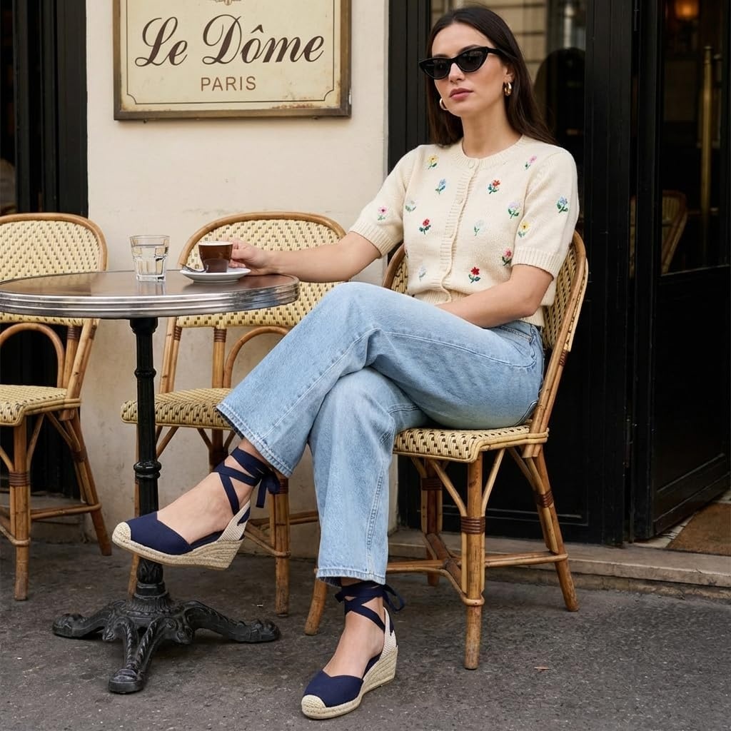 image:imageCUSHIONAIRE Bonita Platform Espadrille Wedge Sandals for Women Closed Toe Lace Up Ankle Wrap Dressy Everyday Womens HeelsNavy