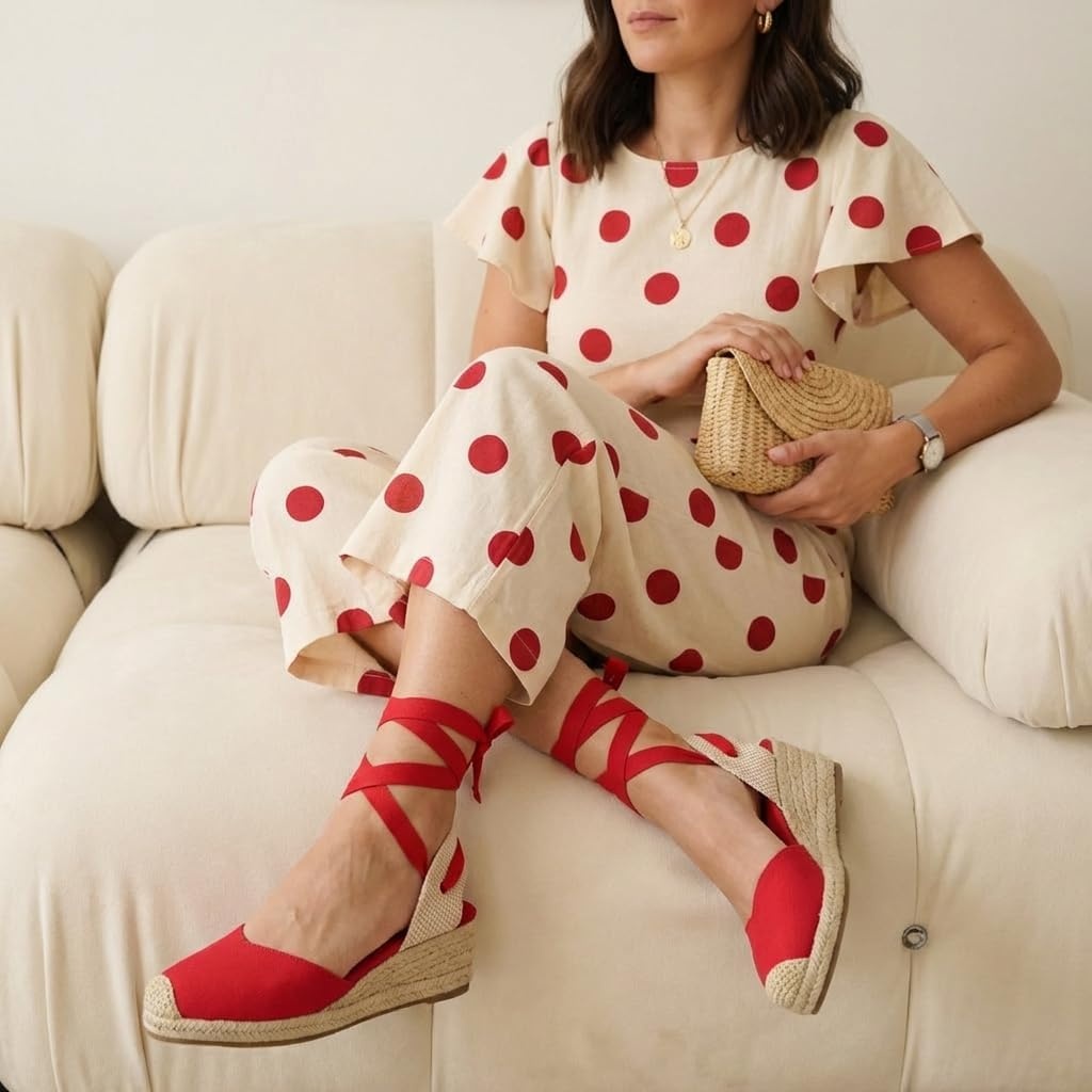 image:imageCUSHIONAIRE Bonita Platform Espadrille Wedge Sandals for Women Closed Toe Lace Up Ankle Wrap Dressy Everyday Womens HeelsRed