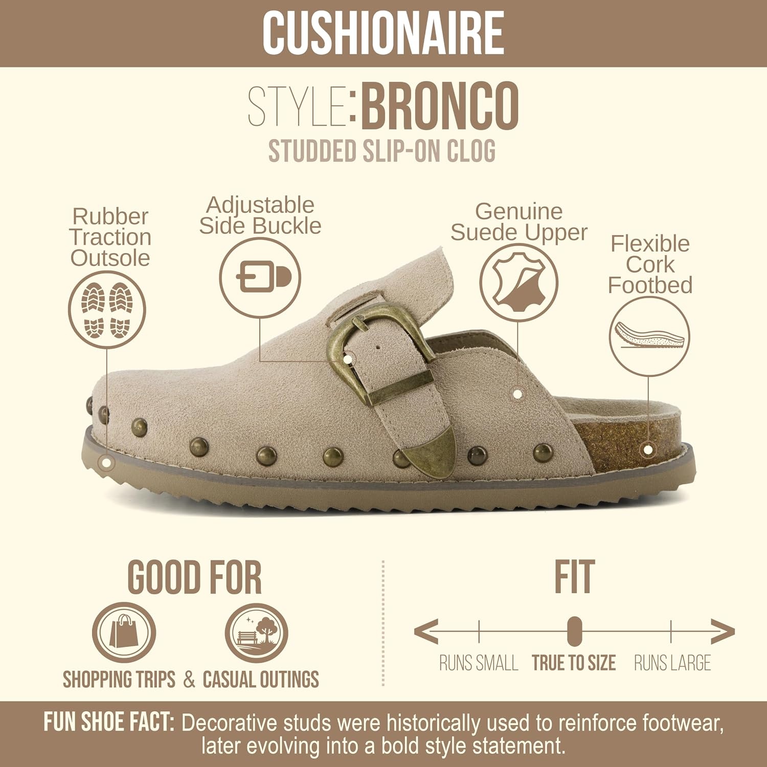 image:imageCUSHIONAIRE Bronco Slip On Mule Womens Shoes Genuine Suede Leather Clogs with Adjustable Buckle and Studded Detailing Stylish Fall Shoes for WomenBiscuit