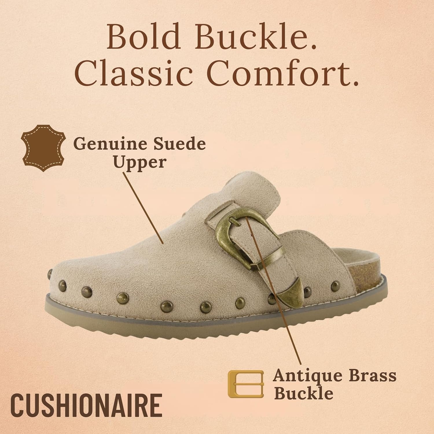image:imageCUSHIONAIRE Bronco Slip On Mule Womens Shoes Genuine Suede Leather Clogs with Adjustable Buckle and Studded Detailing Stylish Fall Shoes for WomenBiscuit