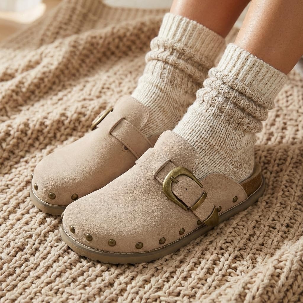 image:imageCUSHIONAIRE Bronco Slip On Mule Womens Shoes Genuine Suede Leather Clogs with Adjustable Buckle and Studded Detailing Stylish Fall Shoes for WomenBiscuit