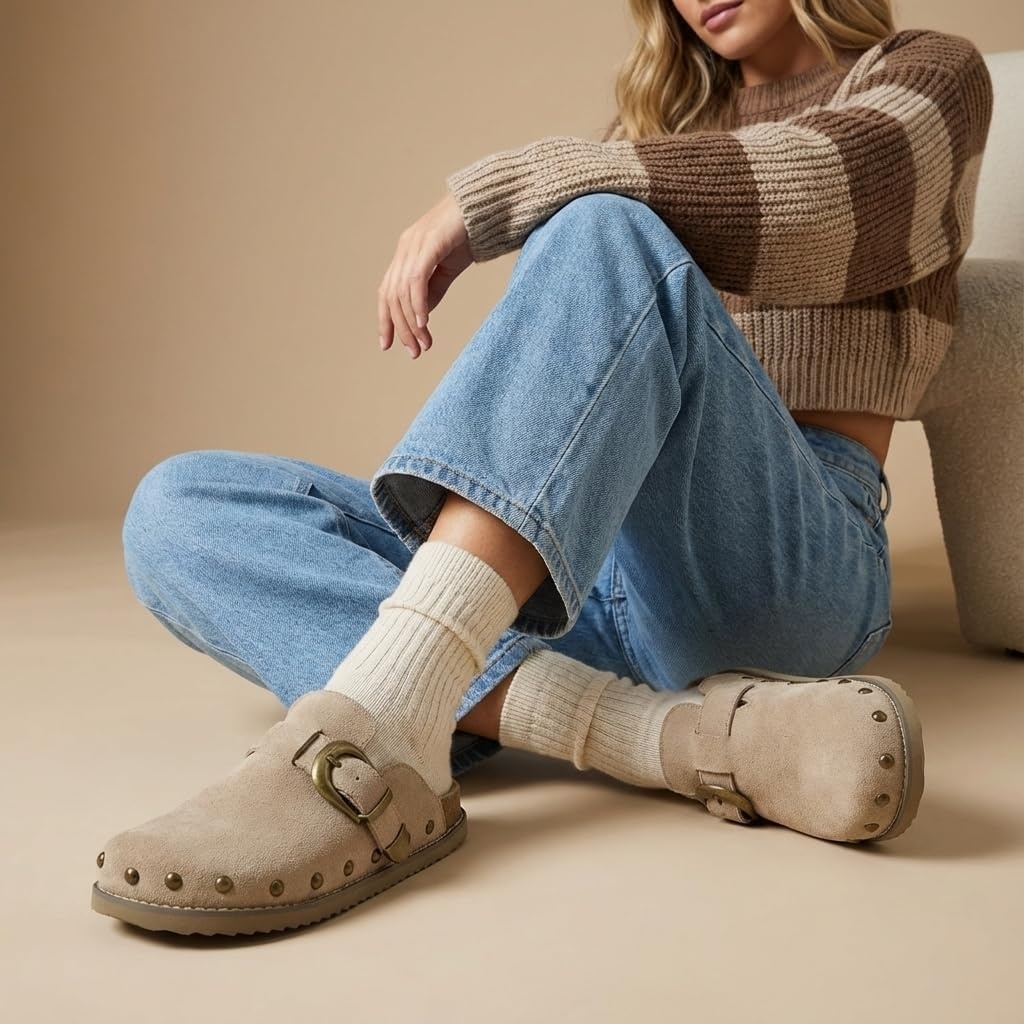 image:imageCUSHIONAIRE Bronco Slip On Mule Womens Shoes Genuine Suede Leather Clogs with Adjustable Buckle and Studded Detailing Stylish Fall Shoes for WomenBiscuit