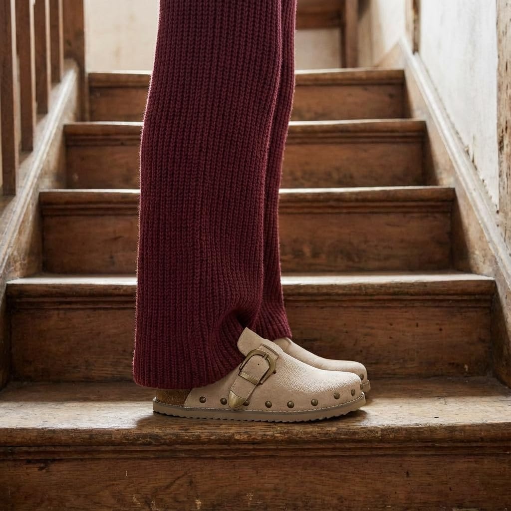 image:imageCUSHIONAIRE Bronco Slip On Mule Womens Shoes Genuine Suede Leather Clogs with Adjustable Buckle and Studded Detailing Stylish Fall Shoes for WomenBiscuit